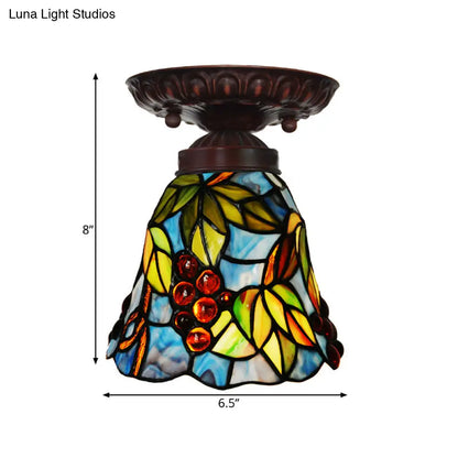 DecorBites™ DecorBites™ Victorian Bell Flush Mount Ceiling Lamp - Pink/Blue Stained Glass Bedroom Light Fixture with 1 Light
