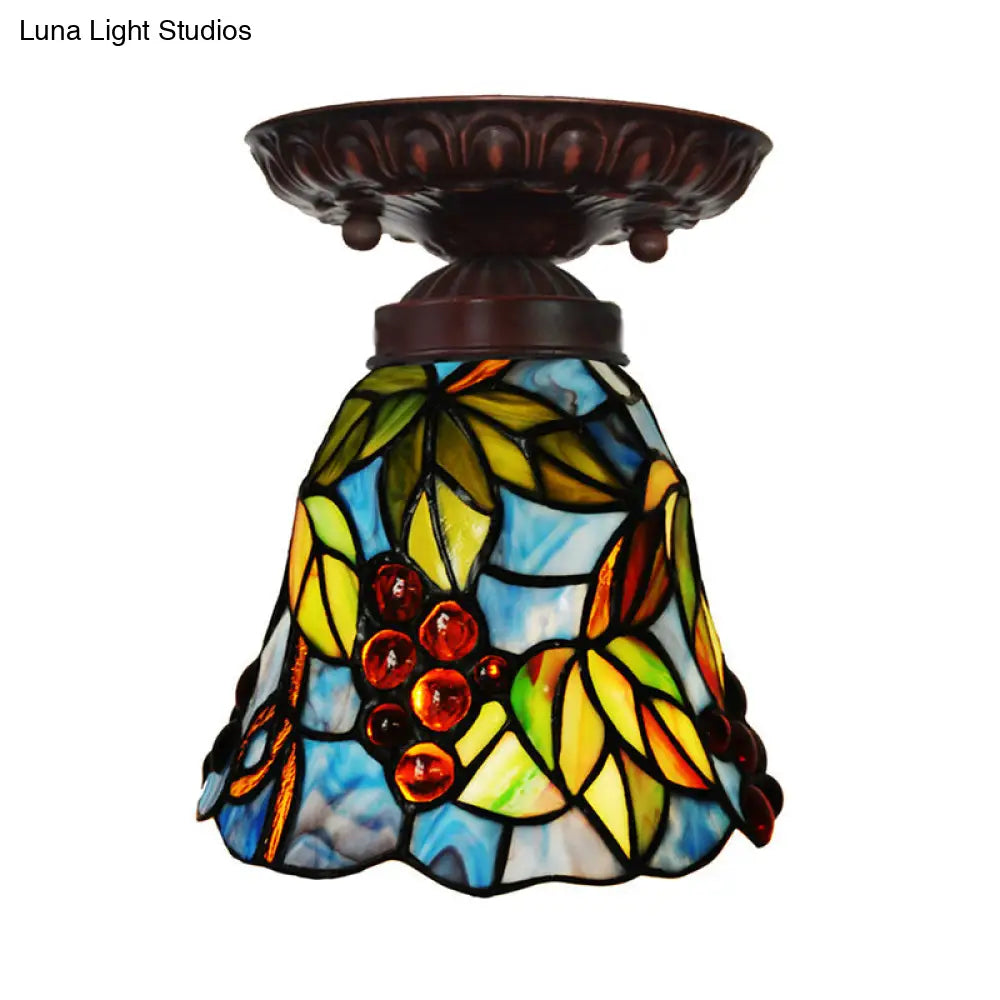 Victorian Bell Flush Mount Ceiling Lamp - Pink/Blue Stained Glass Bedroom Light Fixture with 1 Light