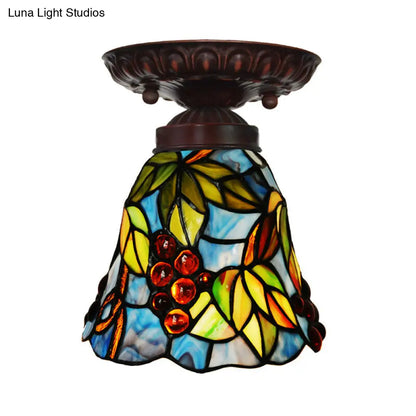 DecorBites™ DecorBites™ Victorian Bell Flush Mount Ceiling Lamp - Pink/Blue Stained Glass Bedroom Light Fixture with 1 Light