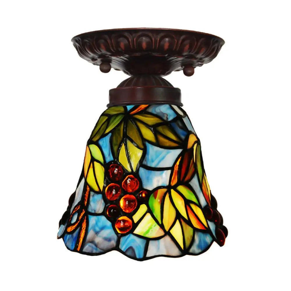 Victorian Bell Flush Mount Ceiling Lamp - Pink/Blue Stained Glass Bedroom Light Fixture with 1 Light