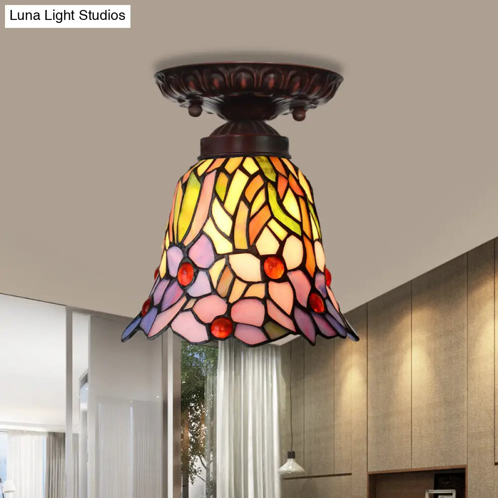 Victorian Bell Flush Mount Ceiling Lamp - Pink/Blue Stained Glass Bedroom Light Fixture with 1 Light
