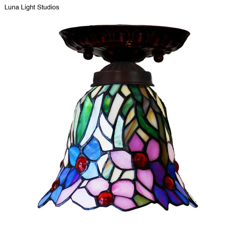 Victorian Bell Flush Mount Ceiling Lamp - Pink/Blue Stained Glass Bedroom Light Fixture with 1 Light