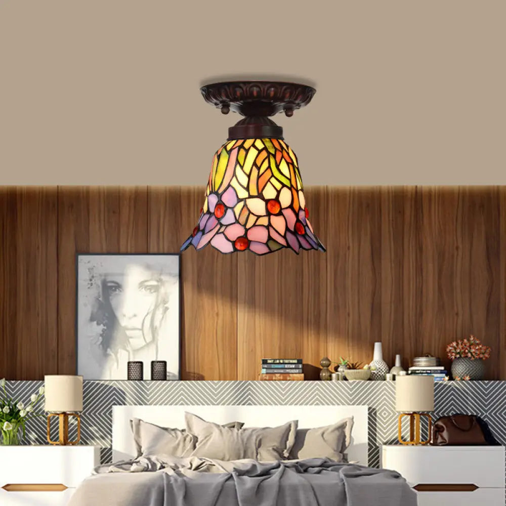 Victorian Bell Flush Mount Ceiling Lamp - Pink/Blue Stained Glass Bedroom Light Fixture with 1 Light