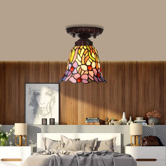 Victorian Bell Flush Mount Ceiling Lamp - Pink/Blue Stained Glass Bedroom Light Fixture with 1 Light