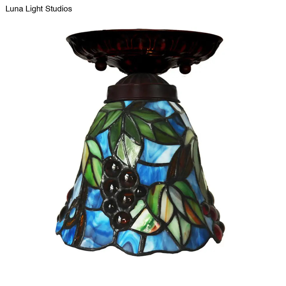 Victorian Bell Flush Mount Ceiling Lamp - Pink/Blue Stained Glass Bedroom Light Fixture with 1 Light