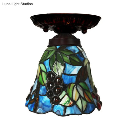 DecorBites™ DecorBites™ Victorian Bell Flush Mount Ceiling Lamp - Pink/Blue Stained Glass Bedroom Light Fixture with 1 Light