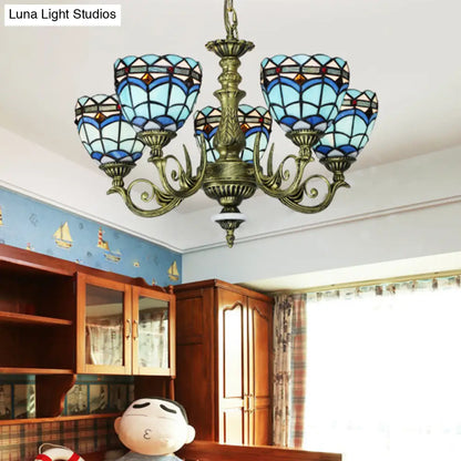Victorian Blue Glass Chandelier: Curved Arm Suspension Lighting for Bedroom – 5/9/11 Lights