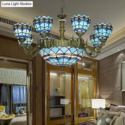 Victorian Blue Glass Chandelier: Curved Arm Suspension Lighting for Bedroom – 5/9/11 Lights