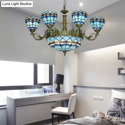 Victorian Blue Glass Chandelier: Curved Arm Suspension Lighting for Bedroom – 5/9/11 Lights