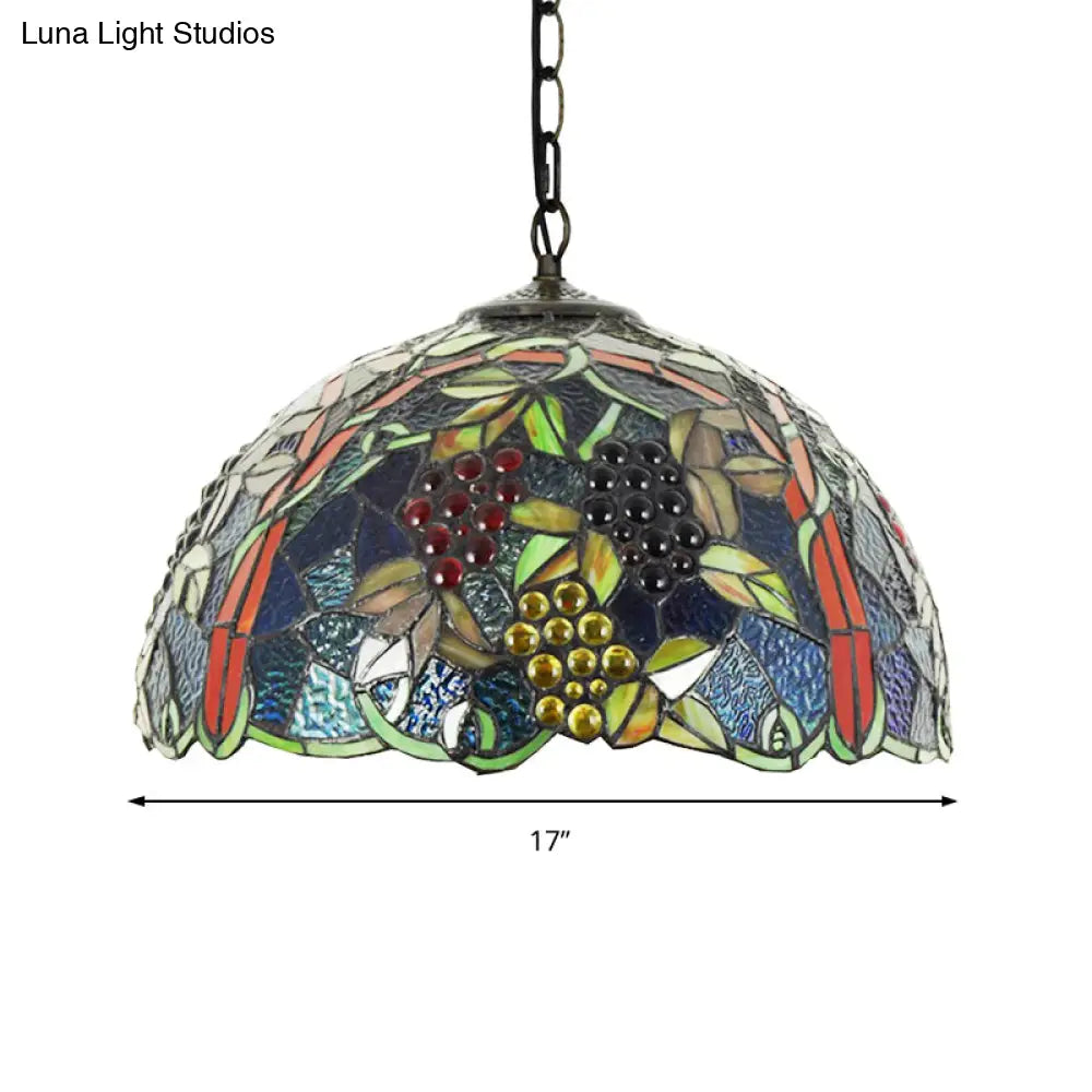 Victorian Blue Stained Glass Bowl Pendant Light Fixture for Bedroom - 1 Head Hanging Lamp