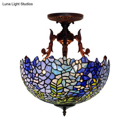 DecorBites™ DecorBites™ Victorian Blue Stained Glass Ceiling Light Fixture - 3-Light Domed Semi Mount for Kitchen