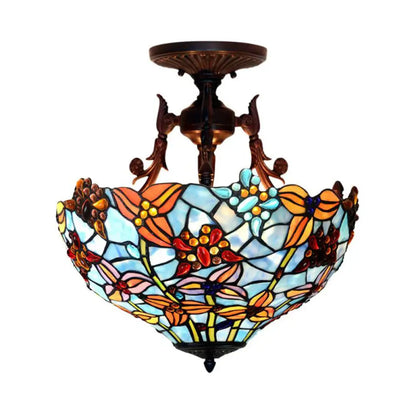 DecorBites™ DecorBites™ Victorian Blue Stained Glass Ceiling Light Fixture - 3-Light Domed Semi Mount for Kitchen