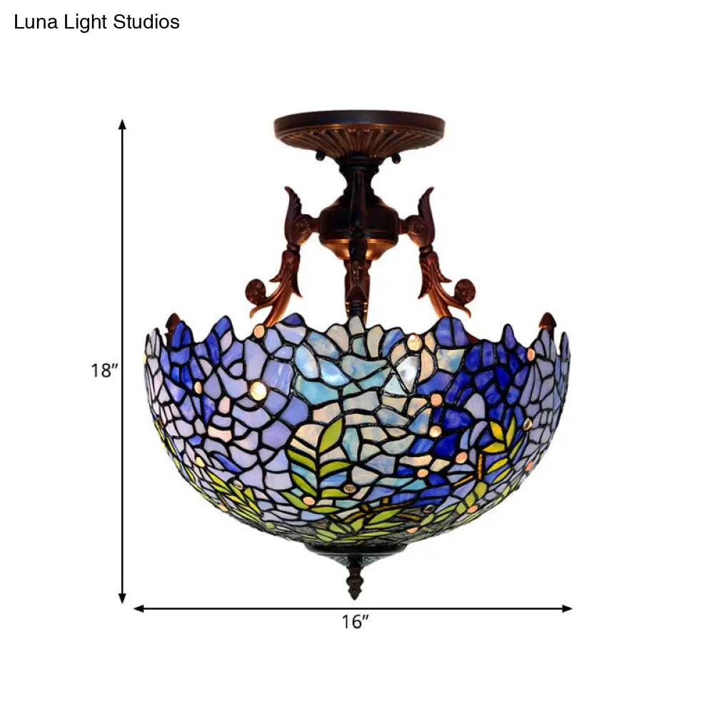 Victorian Blue Stained Glass Ceiling Light Fixture - 3-Light Domed Semi Mount for Kitchen