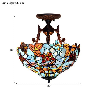 DecorBites™ DecorBites™ Victorian Blue Stained Glass Ceiling Light Fixture - 3-Light Domed Semi Mount for Kitchen