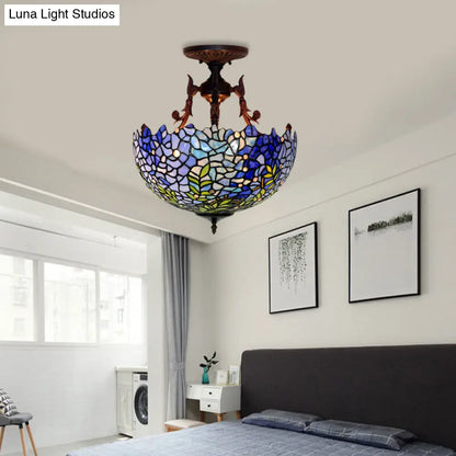DecorBites™ DecorBites™ Victorian Blue Stained Glass Ceiling Light Fixture - 3-Light Domed Semi Mount for Kitchen