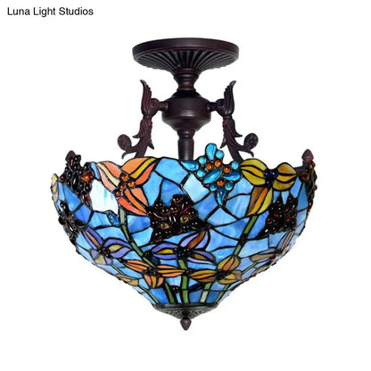 DecorBites™ DecorBites™ Victorian Blue Stained Glass Ceiling Light Fixture - 3-Light Domed Semi Mount for Kitchen