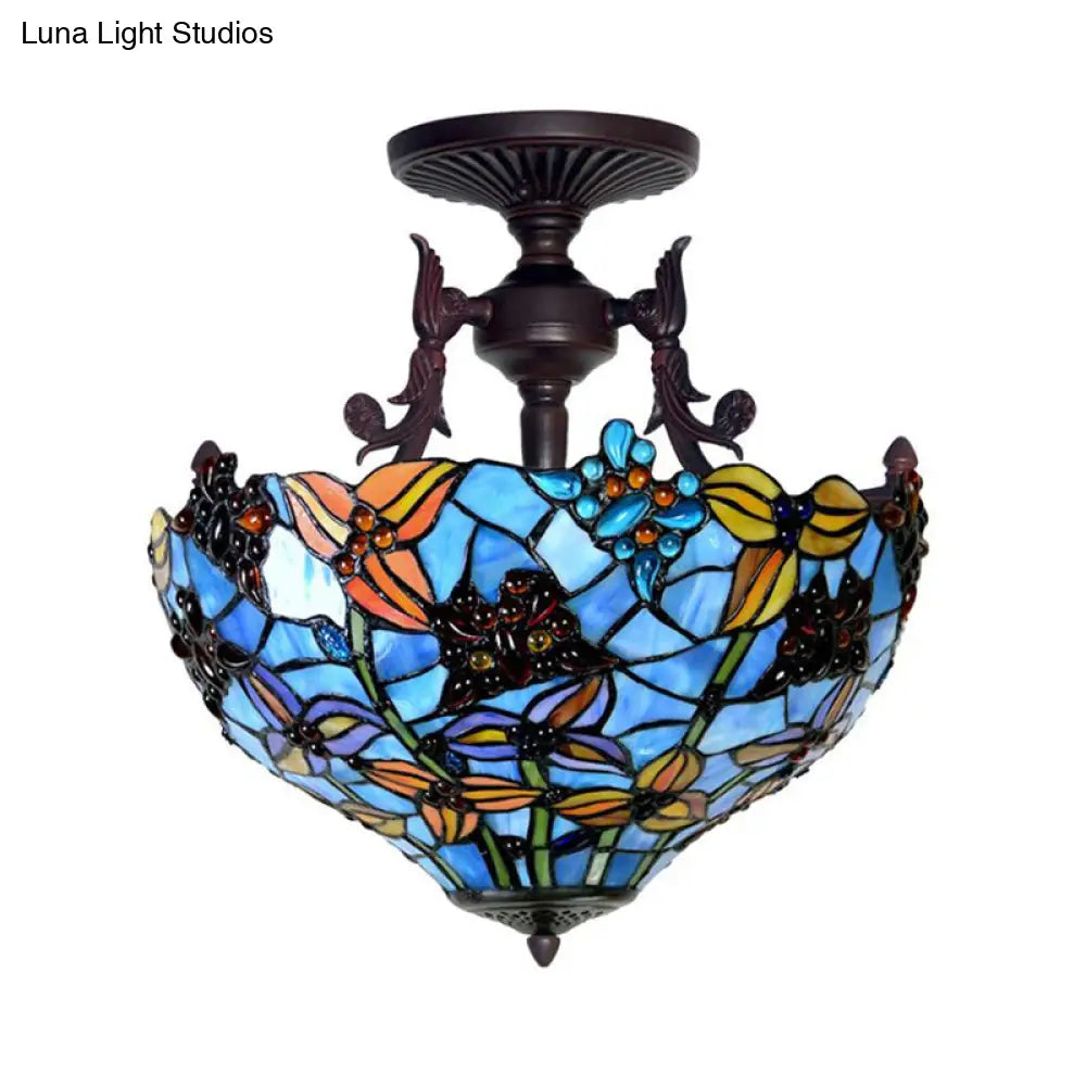 Victorian Blue Stained Glass Ceiling Light Fixture - 3-Light Domed Semi Mount for Kitchen