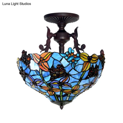 DecorBites™ DecorBites™ Victorian Blue Stained Glass Ceiling Light Fixture - 3-Light Domed Semi Mount for Kitchen