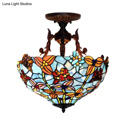 DecorBites™ DecorBites™ Victorian Blue Stained Glass Ceiling Light Fixture - 3-Light Domed Semi Mount for Kitchen