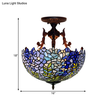 DecorBites™ DecorBites™ Victorian Blue Stained Glass Ceiling Light Fixture - 3-Light Domed Semi Mount for Kitchen