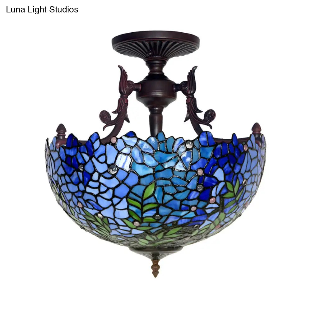 Victorian Blue Stained Glass Ceiling Light Fixture - 3-Light Domed Semi Mount for Kitchen