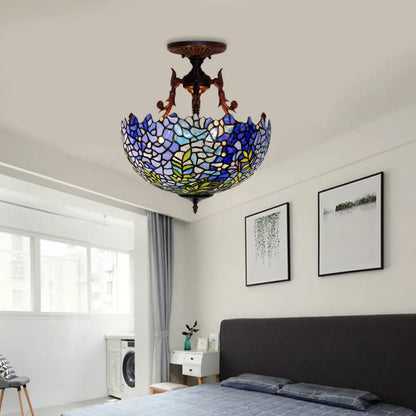 DecorBites™ DecorBites™ Victorian Blue Stained Glass Ceiling Light Fixture - 3-Light Domed Semi Mount for Kitchen