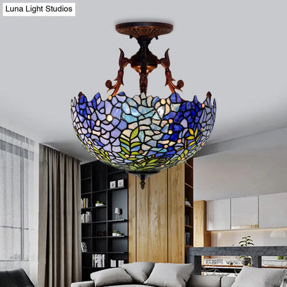 DecorBites™ DecorBites™ Victorian Blue Stained Glass Ceiling Light Fixture - 3-Light Domed Semi Mount for Kitchen