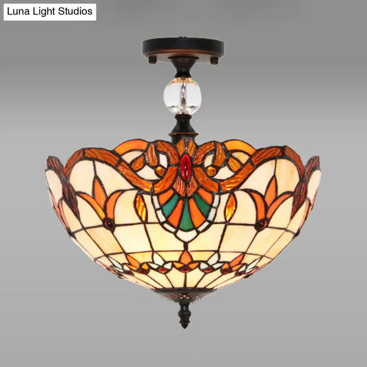 Victorian Bowl Stained Glass Semi Flush Mount Light in Beige - 12"/16" Diameter