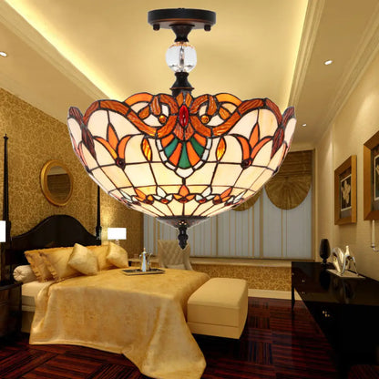 DecorBites™ DecorBites™ Victorian Bowl Stained Glass Semi Flush Mount Light in Beige - 12"/16" Diameter