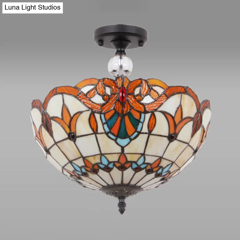 Victorian Bowl Stained Glass Semi Flush Mount Light in Beige - 12"/16" Diameter