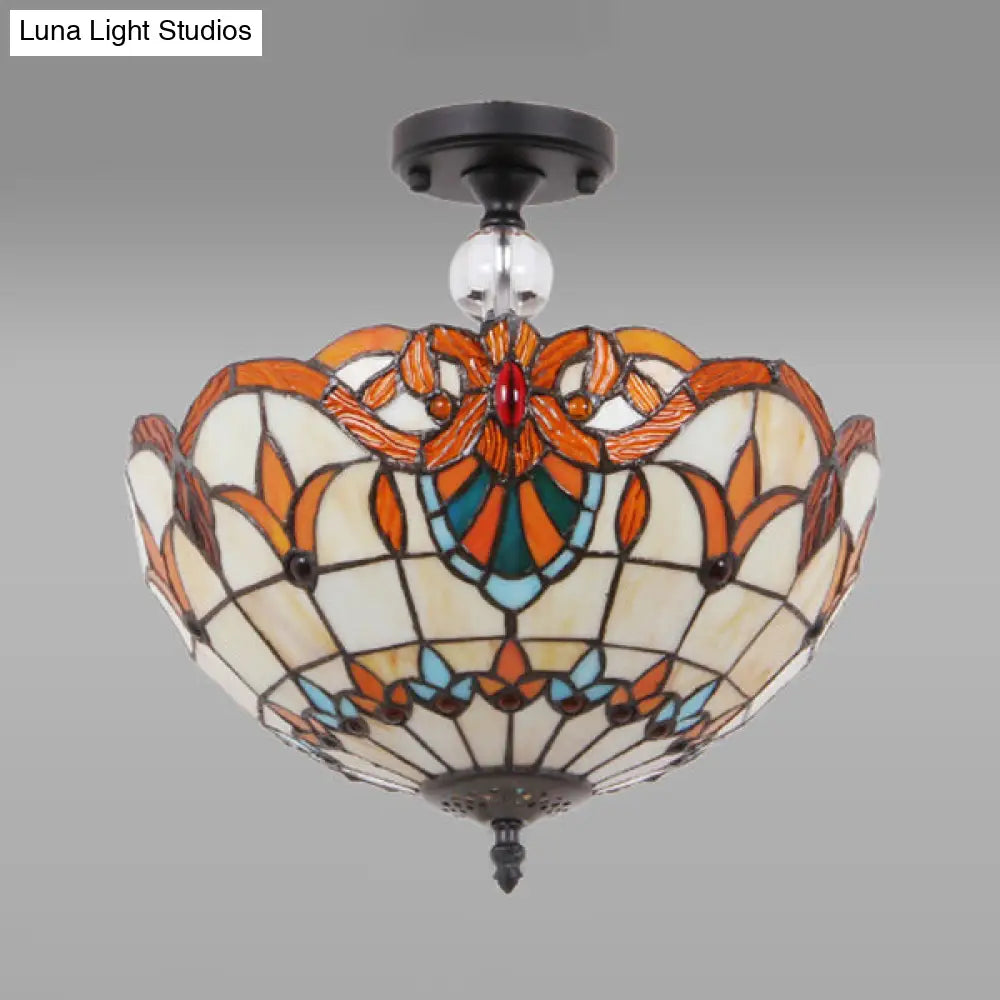 Victorian Bowl Stained Glass Semi Flush Mount Light in Beige - 12"/16" Diameter