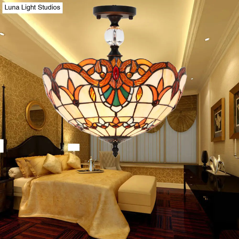 Victorian Bowl Stained Glass Semi Flush Mount Light in Beige - 12"/16" Diameter