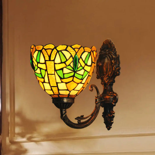 Victorian Brass Wall Mounted Dining Room Light with Stained Glass Shade