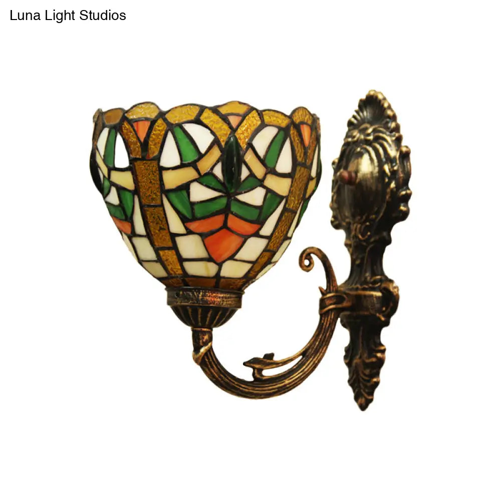 Victorian Brass Wall Mounted Dining Room Light with Stained Glass Shade