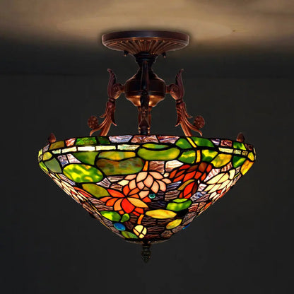 DecorBites™ DecorBites™ Victorian Bronze Semi Flush Light with Dome/Cone Red/Green Cut Glass Shade for Living Room