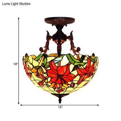 DecorBites™ DecorBites™ Victorian Bronze Semi Flush Light with Dome/Cone Red/Green Cut Glass Shade for Living Room