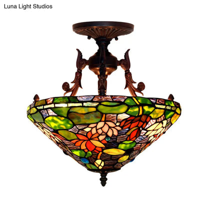 DecorBites™ DecorBites™ Victorian Bronze Semi Flush Light with Dome/Cone Red/Green Cut Glass Shade for Living Room