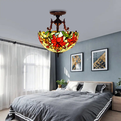 DecorBites™ DecorBites™ Victorian Bronze Semi Flush Light with Dome/Cone Red/Green Cut Glass Shade for Living Room
