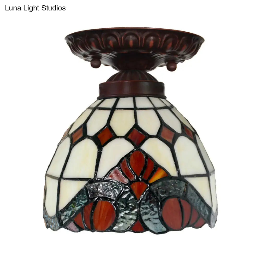 Victorian Ceiling-Mounted Stained Glass Light with Domed Design - 1 Light Flushmount - Red/Pink/Orange - Ideal for Corridors