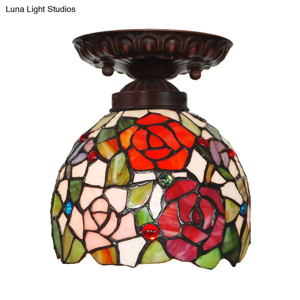 Victorian Ceiling-Mounted Stained Glass Light with Domed Design - 1 Light Flushmount - Red/Pink/Orange - Ideal for Corridors
