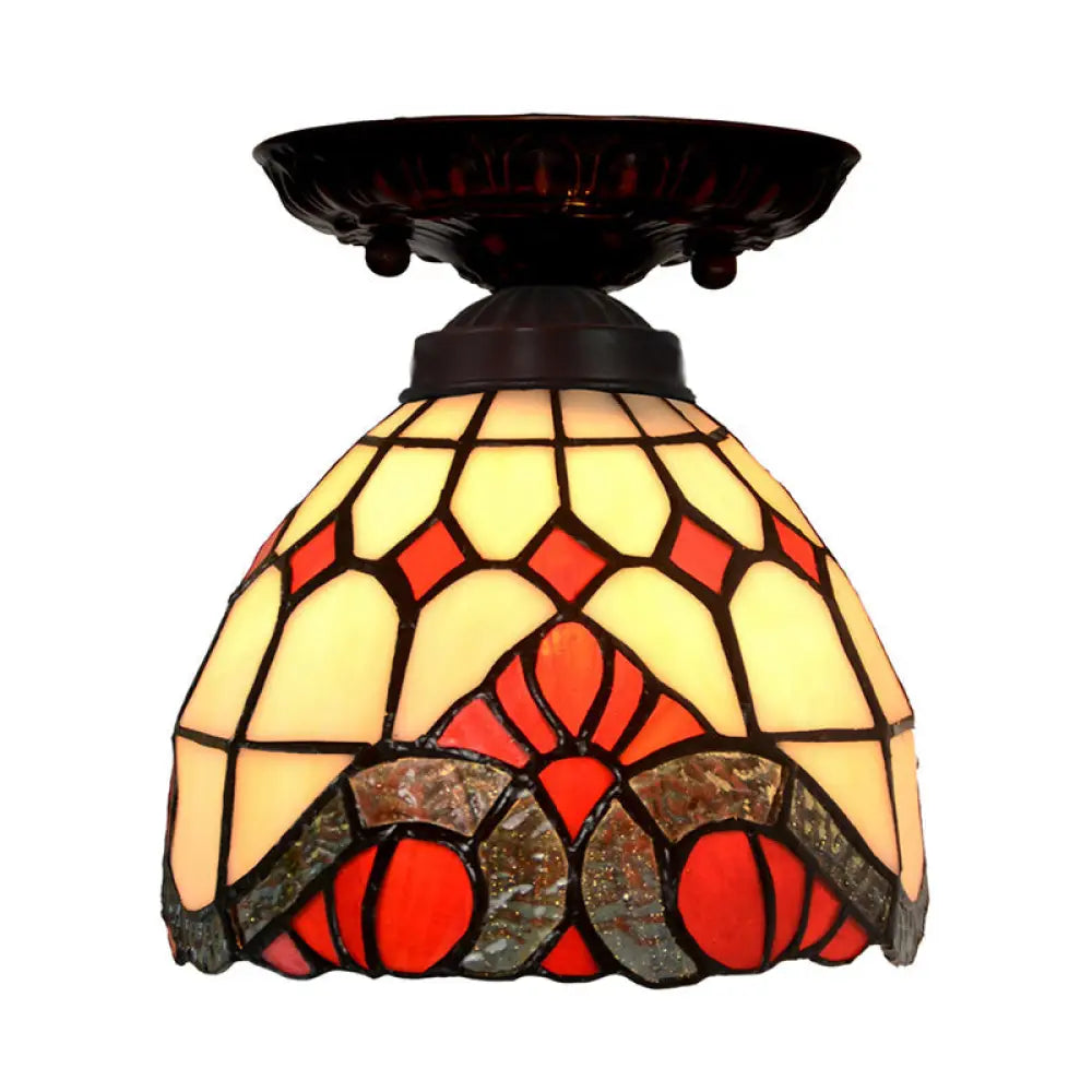 Victorian Ceiling-Mounted Stained Glass Light with Domed Design - 1 Light Flushmount - Red/Pink/Orange - Ideal for Corridors