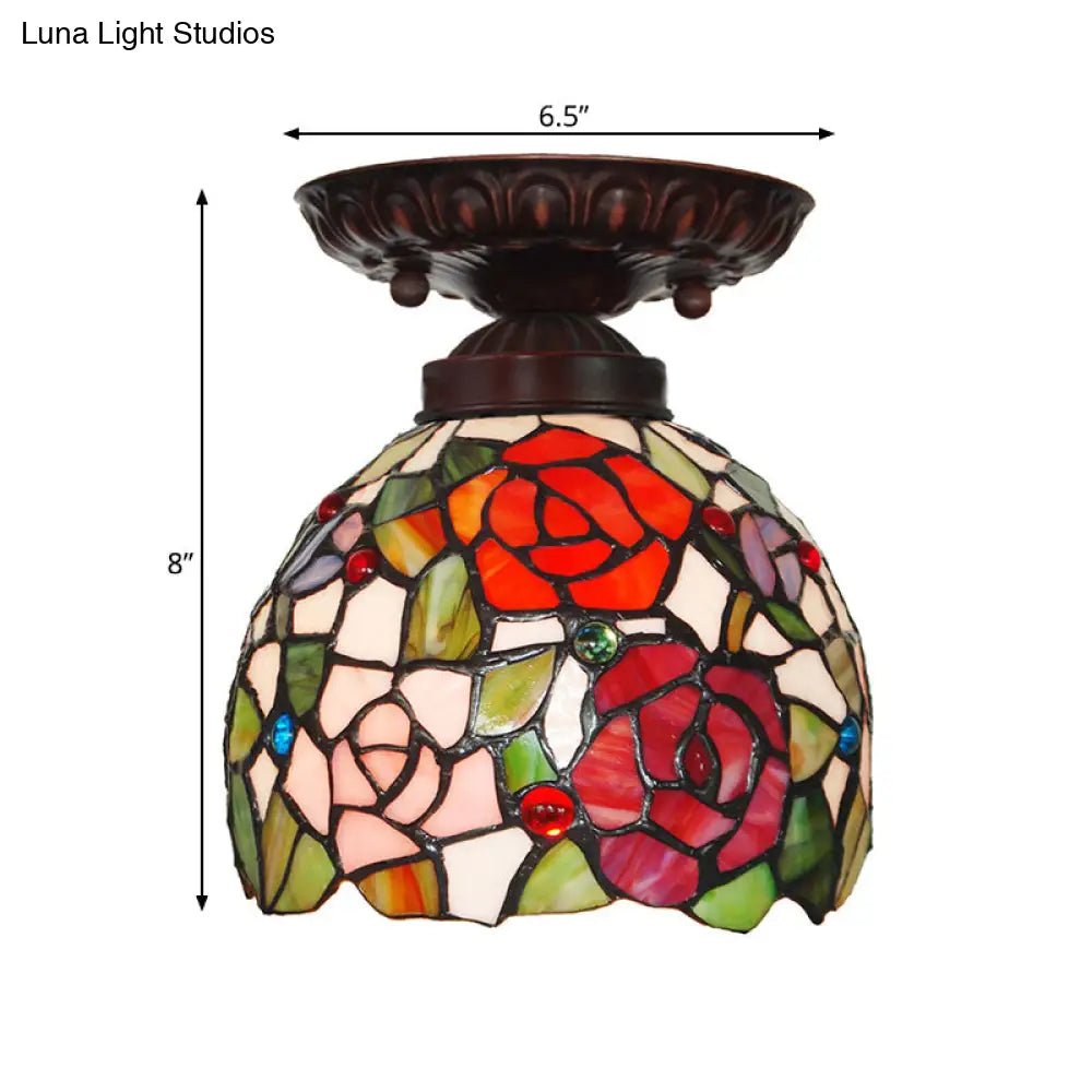 Victorian Ceiling-Mounted Stained Glass Light with Domed Design - 1 Light Flushmount - Red/Pink/Orange - Ideal for Corridors