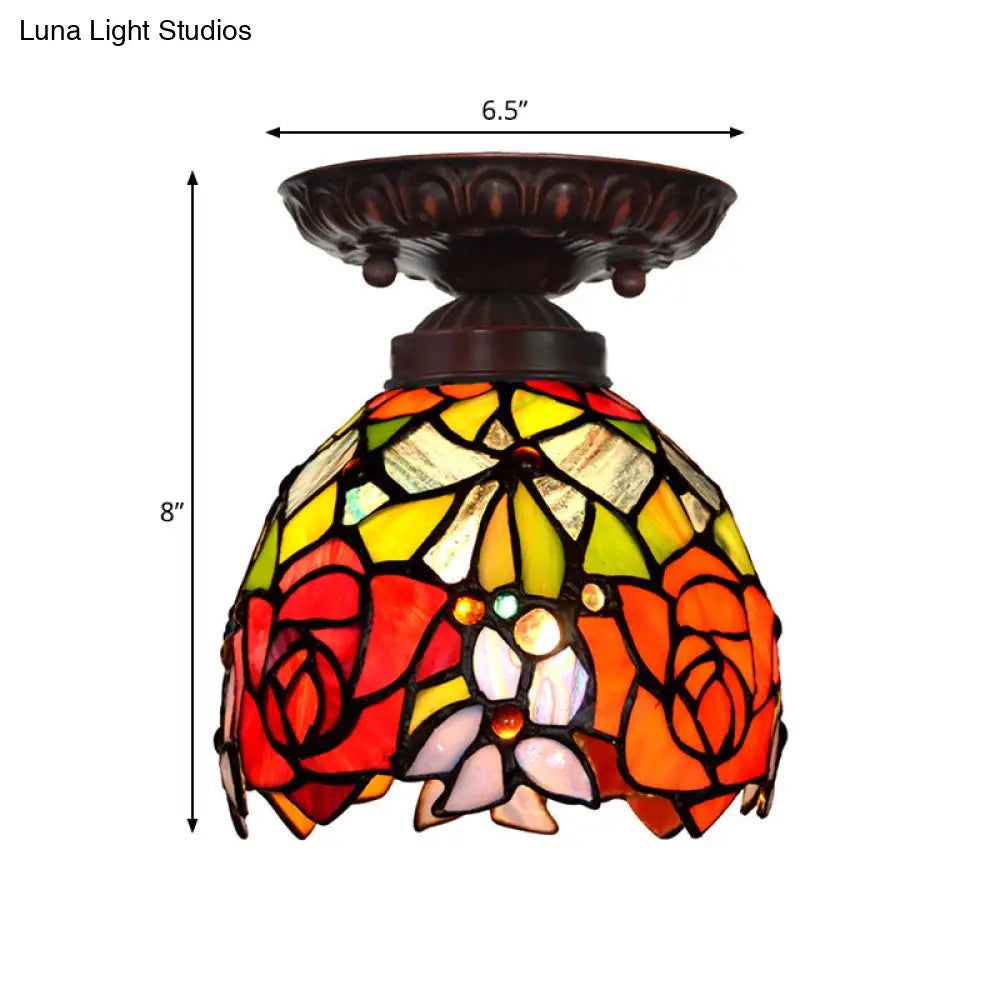Victorian Ceiling-Mounted Stained Glass Light with Domed Design - 1 Light Flushmount - Red/Pink/Orange - Ideal for Corridors