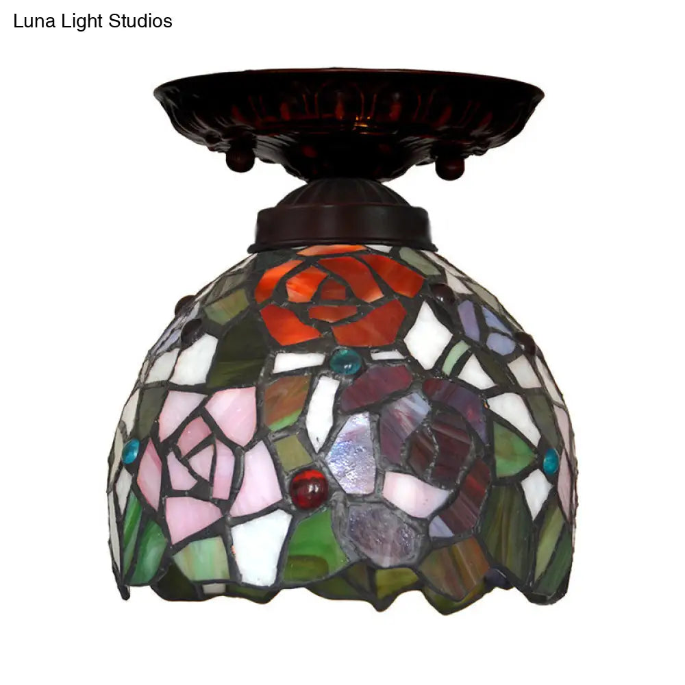 Victorian Ceiling-Mounted Stained Glass Light with Domed Design - 1 Light Flushmount - Red/Pink/Orange - Ideal for Corridors