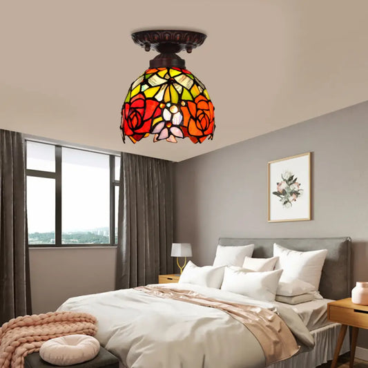 Victorian Ceiling-Mounted Stained Glass Light with Domed Design - 1 Light Flushmount - Red/Pink/Orange - Ideal for Corridors