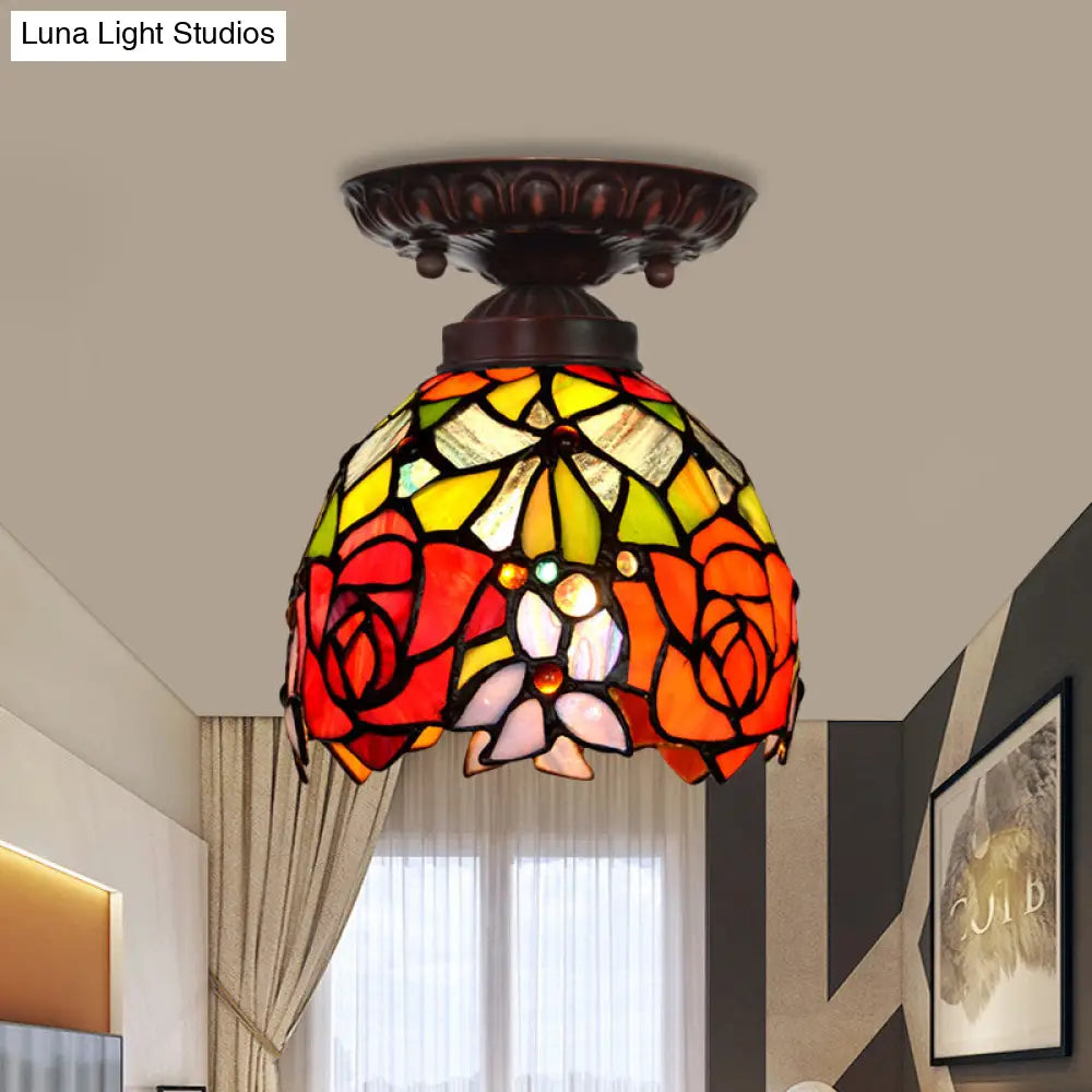 Victorian Ceiling-Mounted Stained Glass Light with Domed Design - 1 Light Flushmount - Red/Pink/Orange - Ideal for Corridors