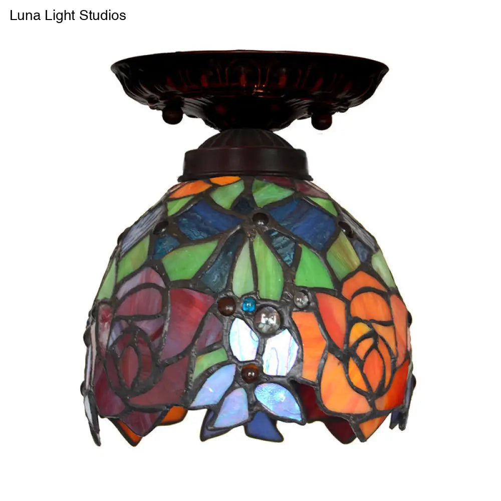 Victorian Ceiling-Mounted Stained Glass Light with Domed Design - 1 Light Flushmount - Red/Pink/Orange - Ideal for Corridors