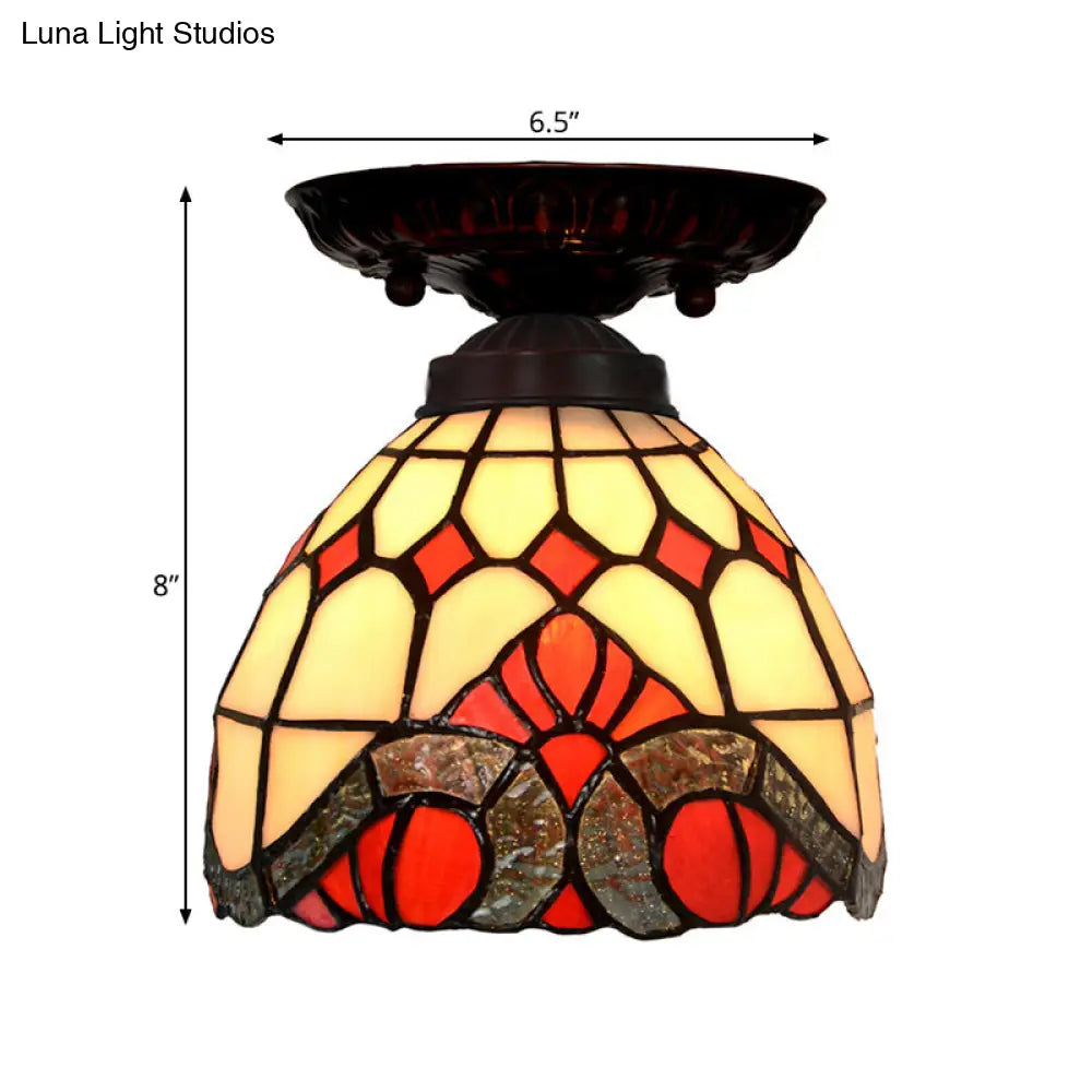 Victorian Ceiling-Mounted Stained Glass Light with Domed Design - 1 Light Flushmount - Red/Pink/Orange - Ideal for Corridors