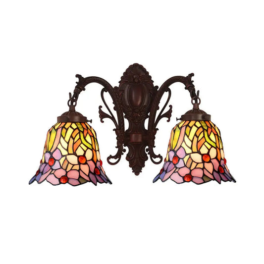 Victorian Copper Petal Wall Lamp with Stained Glass Bell Shade - Ideal for Corridors