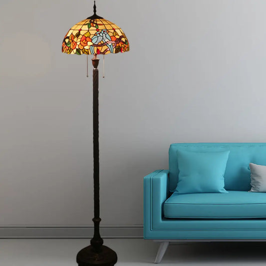 Victorian Copper Standing Lamp with Cut Glass Flower and Bird Design, 2 Lights and Bowl Shade